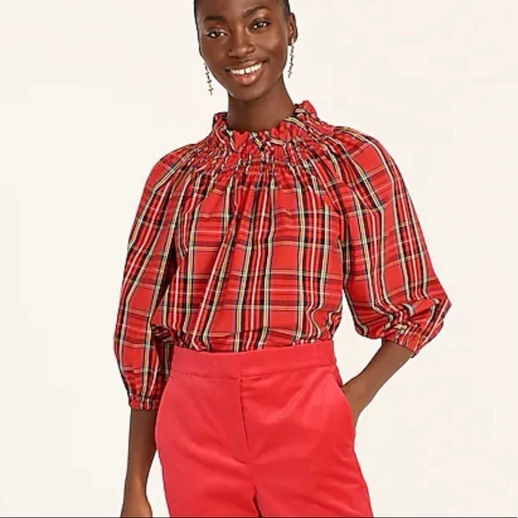 J. Crew Plaid Smocked Blouse Red Size XS - Picture 15 of 15